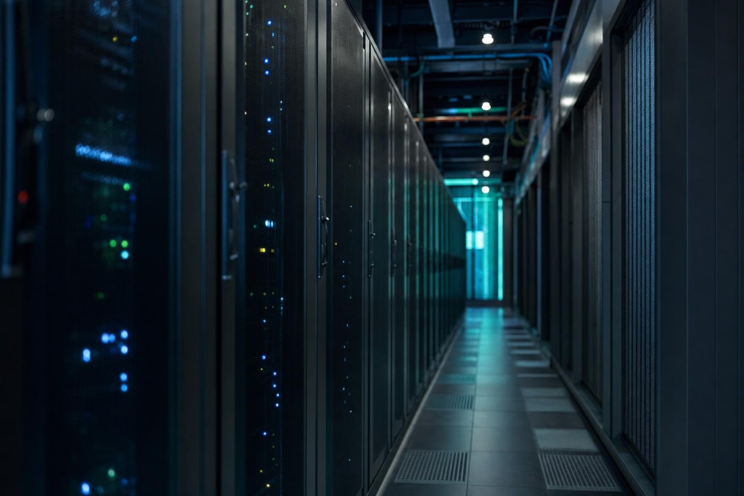 Secure server room with soft blue lighting